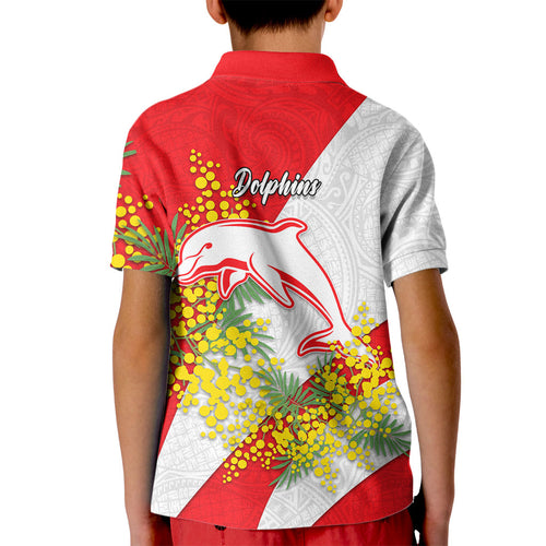Dolphins Kid Polo Shirt Golden Wattle Floral Polynesian - Australian Flower - Rugby Mascot