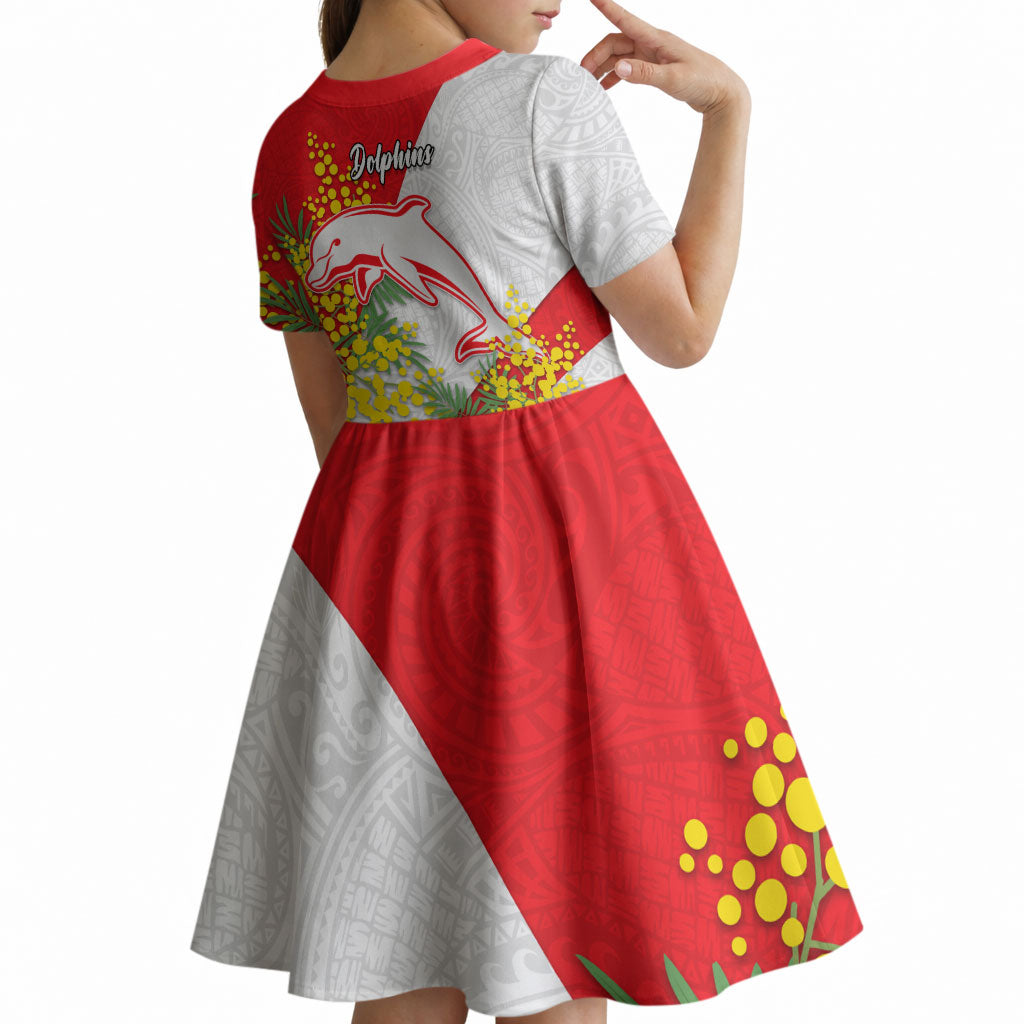 Dolphins Kid Short Sleeve Dress Golden Wattle Floral Polynesian - Australian Flower - Rugby Mascot