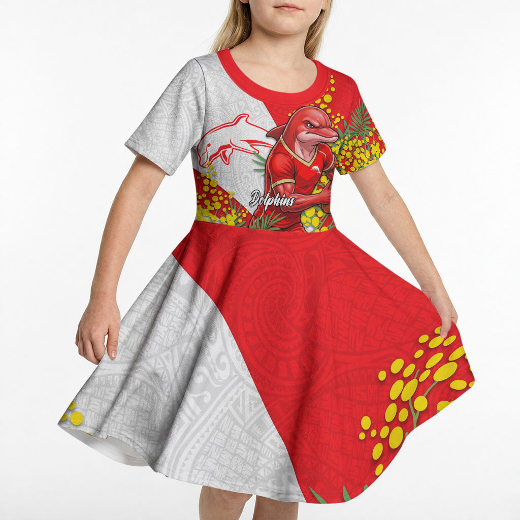 Dolphins Kid Short Sleeve Dress Golden Wattle Floral Polynesian - Australian Flower - Rugby Mascot