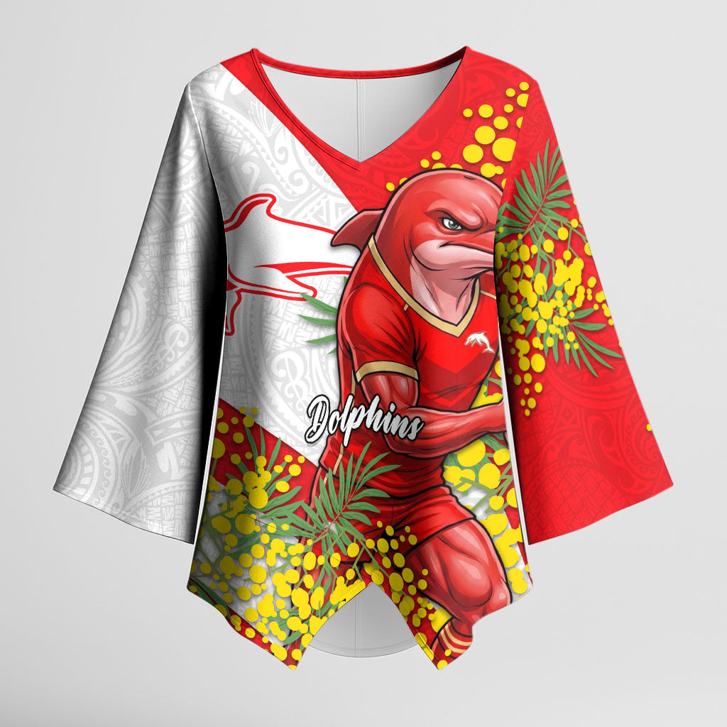 Dolphins Kimono Sleeve Blouse Golden Wattle Floral Polynesian - Australian Flower - Rugby Mascot