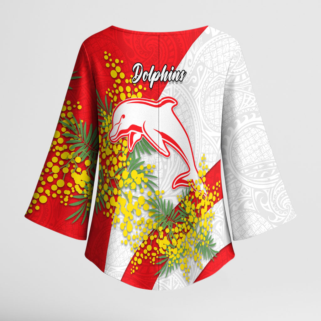 Dolphins Kimono Sleeve Blouse Golden Wattle Floral Polynesian - Australian Flower - Rugby Mascot