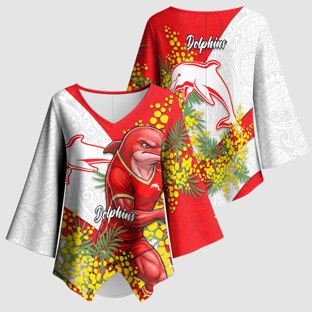 Dolphins Kimono Sleeve Blouse Golden Wattle Floral Polynesian - Australian Flower - Rugby Mascot