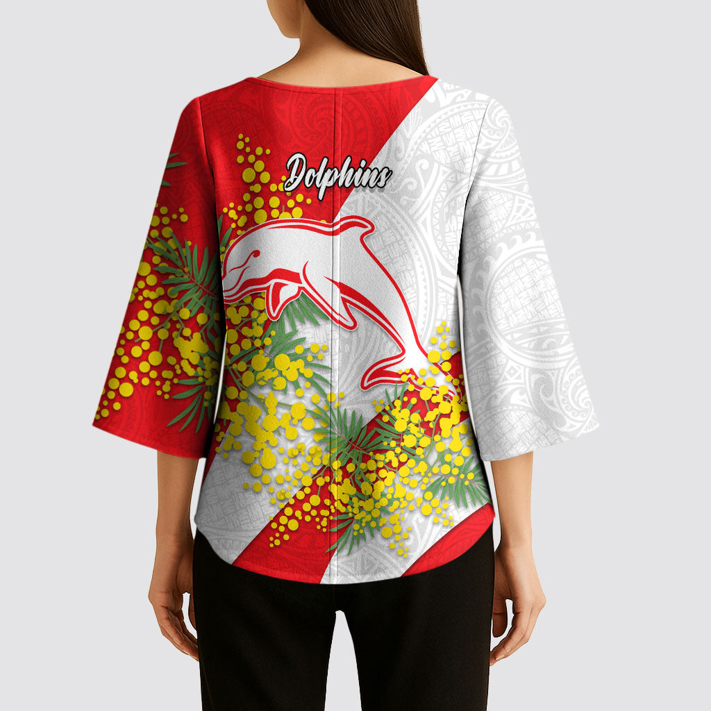 Dolphins Kimono Sleeve Blouse Golden Wattle Floral Polynesian - Australian Flower - Rugby Mascot