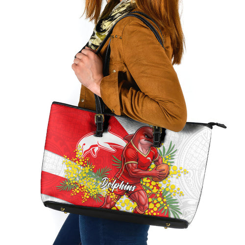 Dolphins Leather Tote Bag Golden Wattle Floral Polynesian - Australian Flower - Rugby Mascot