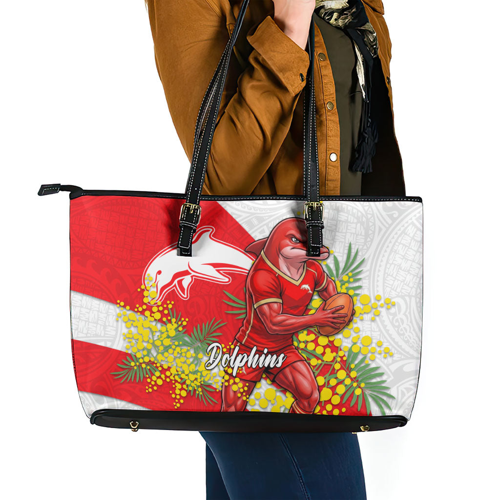 Dolphins Leather Tote Bag Golden Wattle Floral Polynesian - Australian Flower - Rugby Mascot