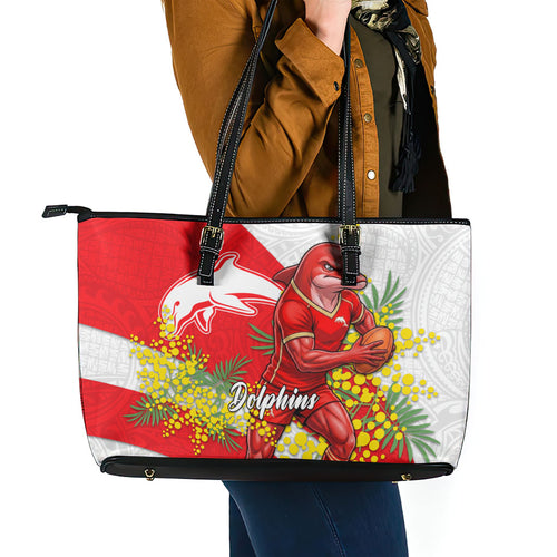 Dolphins Leather Tote Bag Golden Wattle Floral Polynesian - Australian Flower - Rugby Mascot