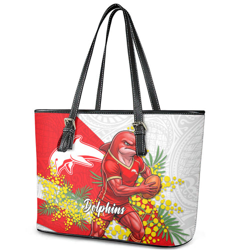 Dolphins Leather Tote Bag Golden Wattle Floral Polynesian - Australian Flower - Rugby Mascot