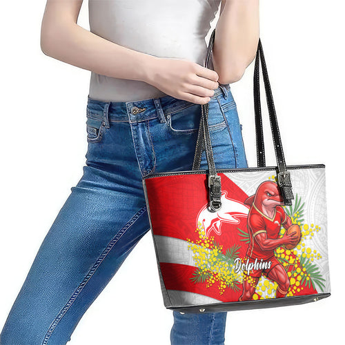 Dolphins Leather Tote Bag Golden Wattle Floral Polynesian - Australian Flower - Rugby Mascot