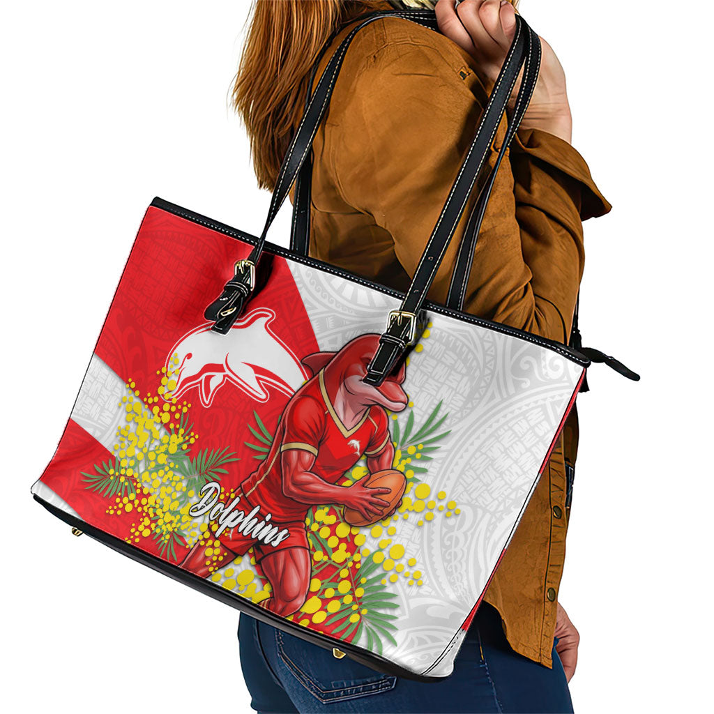 Dolphins Leather Tote Bag Golden Wattle Floral Polynesian - Australian Flower - Rugby Mascot