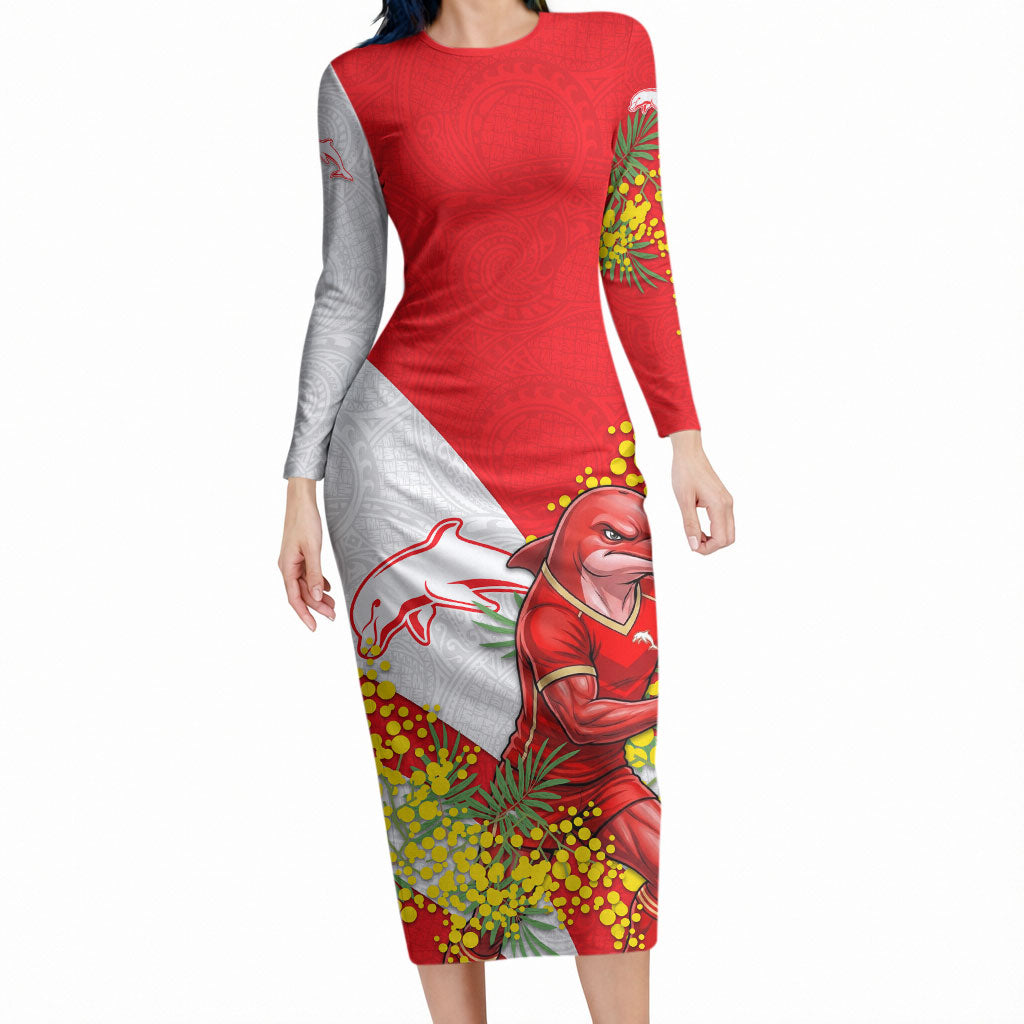 Dolphins Long Sleeve Bodycon Dress Golden Wattle Floral Polynesian - Australian Flower - Rugby Mascot