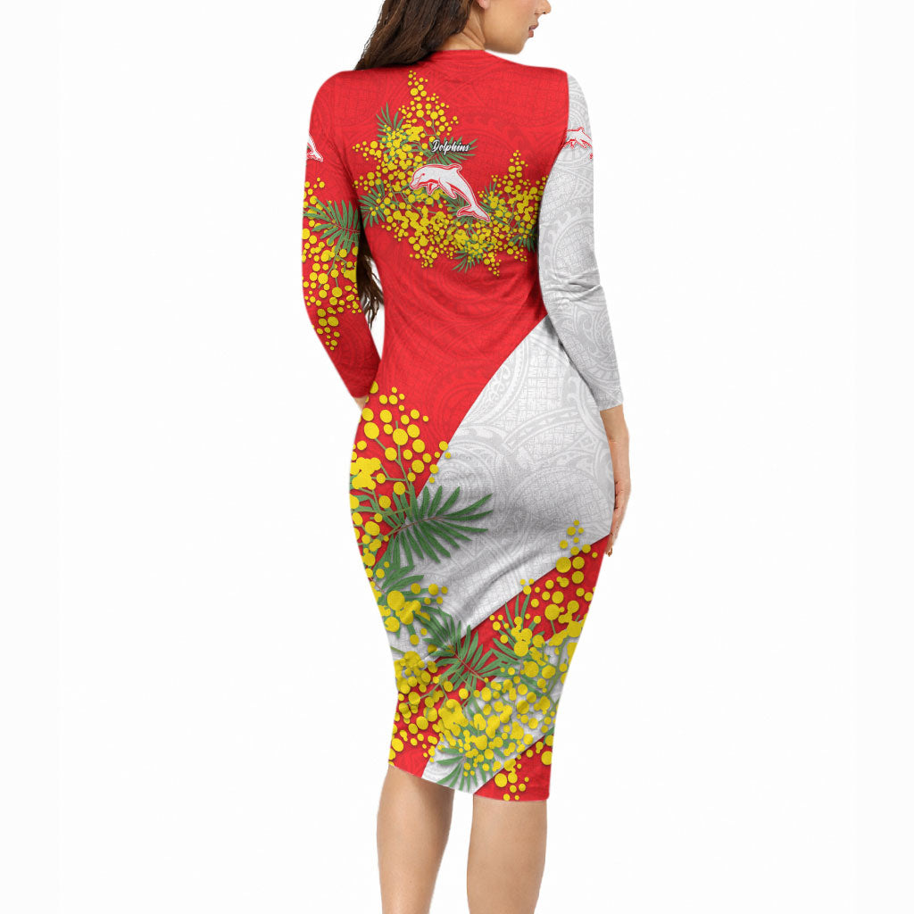 Dolphins Long Sleeve Bodycon Dress Golden Wattle Floral Polynesian - Australian Flower - Rugby Mascot