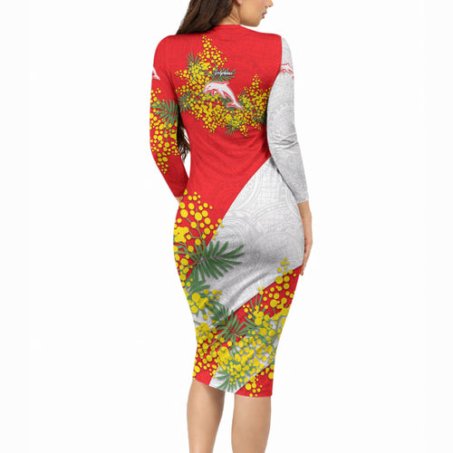 Dolphins Long Sleeve Bodycon Dress Golden Wattle Floral Polynesian - Australian Flower - Rugby Mascot