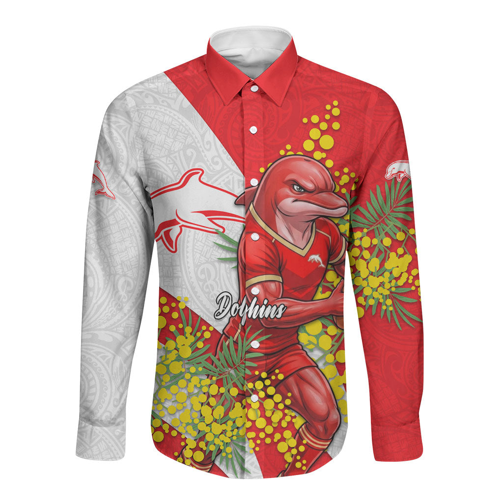 Dolphins Long Sleeve Button Shirt Golden Wattle Floral Polynesian - Australian Flower - Rugby Mascot