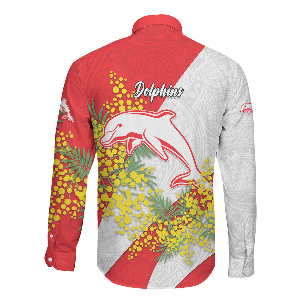 Dolphins Long Sleeve Button Shirt Golden Wattle Floral Polynesian - Australian Flower - Rugby Mascot