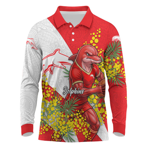 Dolphins Long Sleeve Polo Shirt Golden Wattle Floral Polynesian - Australian Flower - Rugby Mascot