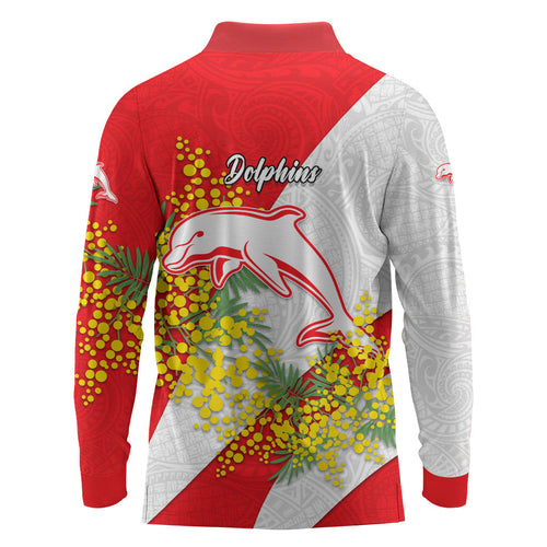 Dolphins Long Sleeve Polo Shirt Golden Wattle Floral Polynesian - Australian Flower - Rugby Mascot