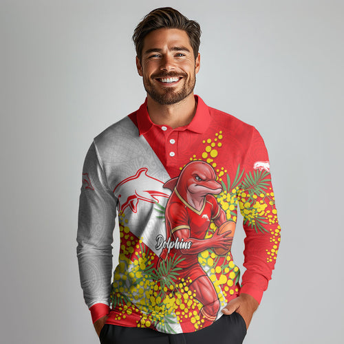 Dolphins Long Sleeve Polo Shirt Golden Wattle Floral Polynesian - Australian Flower - Rugby Mascot