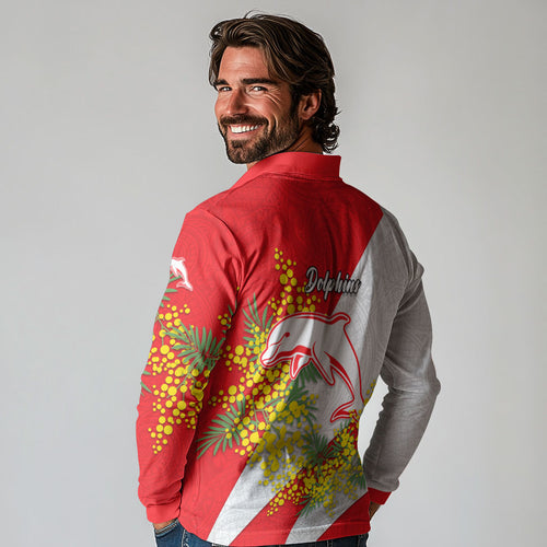 Dolphins Long Sleeve Polo Shirt Golden Wattle Floral Polynesian - Australian Flower - Rugby Mascot