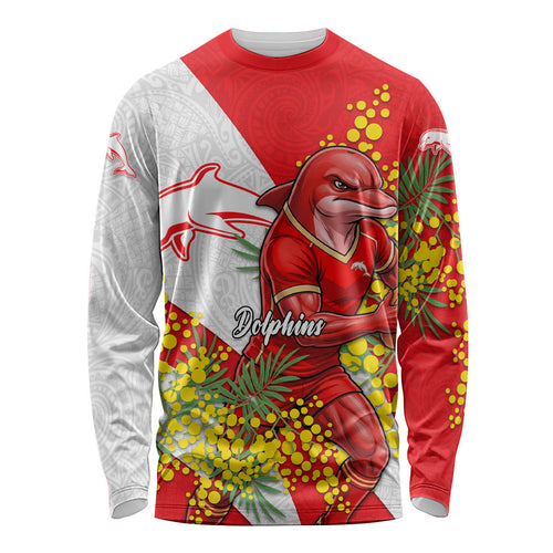 Dolphins Long Sleeve Shirt Golden Wattle Floral Polynesian - Australian Flower - Rugby Mascot