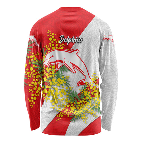 Dolphins Long Sleeve Shirt Golden Wattle Floral Polynesian - Australian Flower - Rugby Mascot