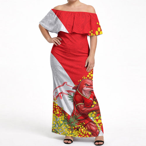 Dolphins Off Shoulder Maxi Dress Golden Wattle Floral Polynesian - Australian Flower - Rugby Mascot