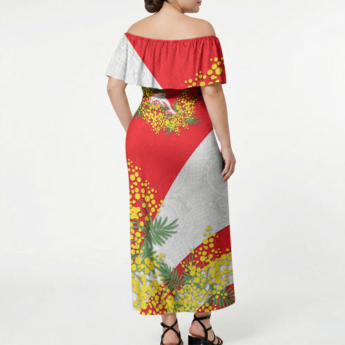 Dolphins Off Shoulder Maxi Dress Golden Wattle Floral Polynesian - Australian Flower - Rugby Mascot