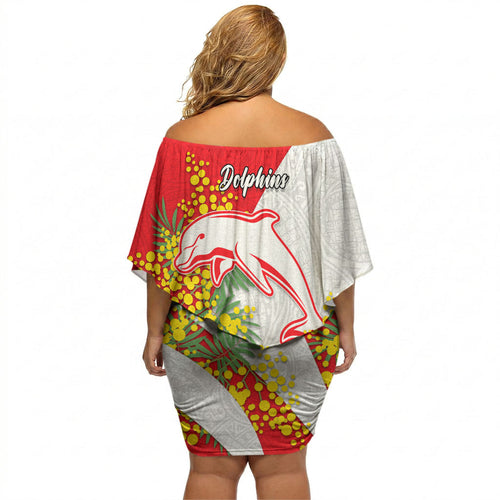 Dolphins Off Shoulder Short Dress Golden Wattle Floral Polynesian - Australian Flower - Rugby Mascot