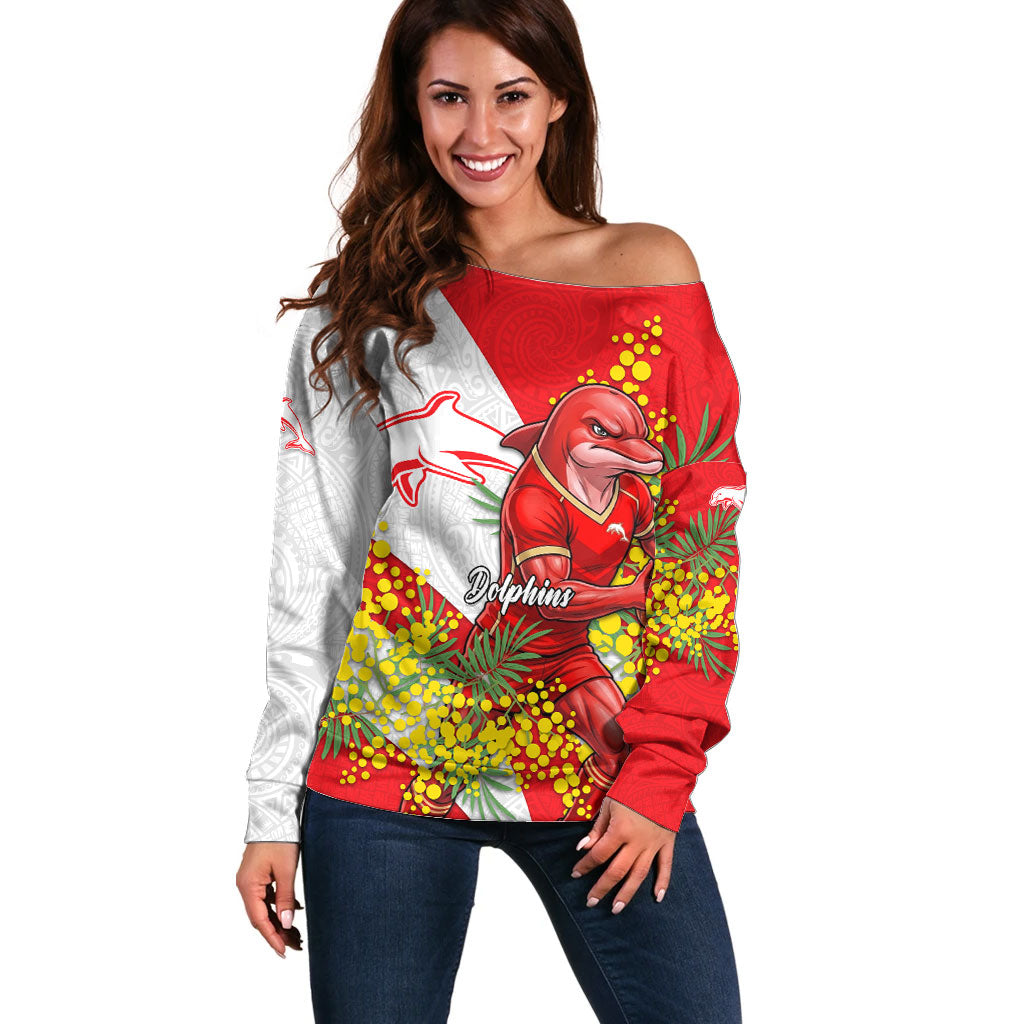 Dolphins Off Shoulder Sweater Golden Wattle Floral Polynesian - Australian Flower - Rugby Mascot