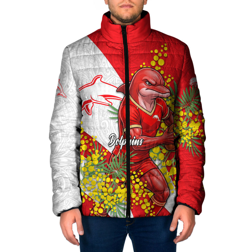 Dolphins Padded Jacket Golden Wattle Floral Polynesian - Australian Flower - Rugby Mascot
