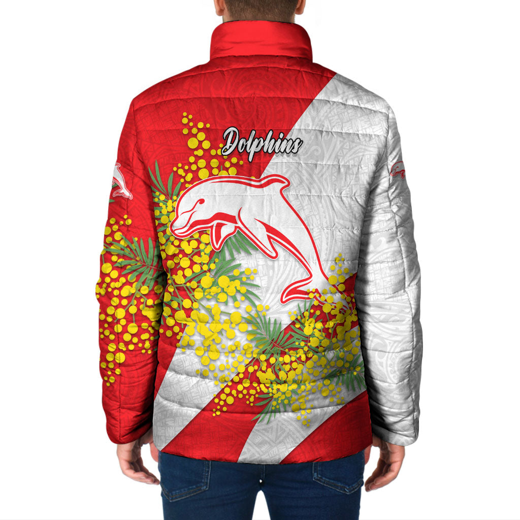 Dolphins Padded Jacket Golden Wattle Floral Polynesian - Australian Flower - Rugby Mascot