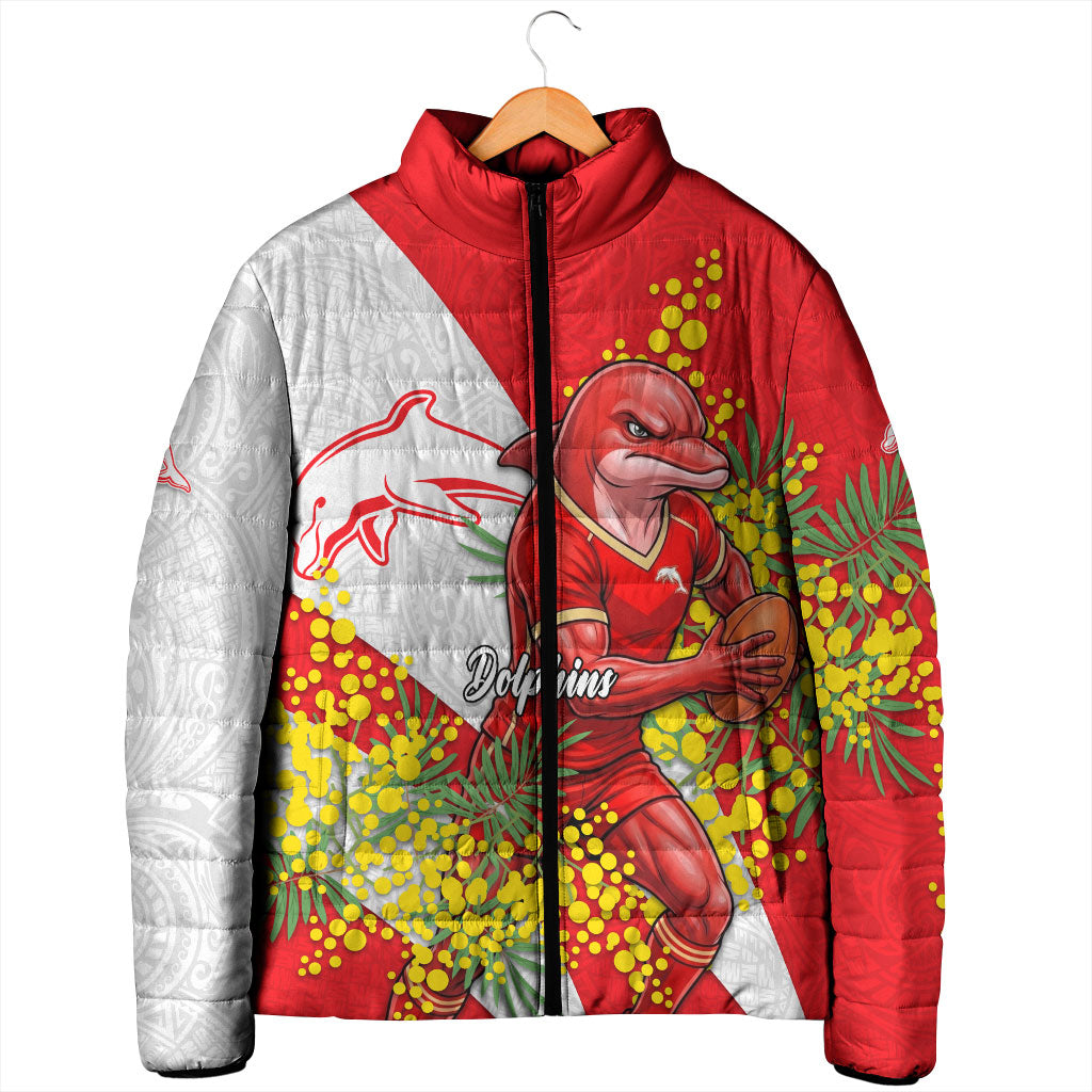 Dolphins Padded Jacket Golden Wattle Floral Polynesian - Australian Flower - Rugby Mascot