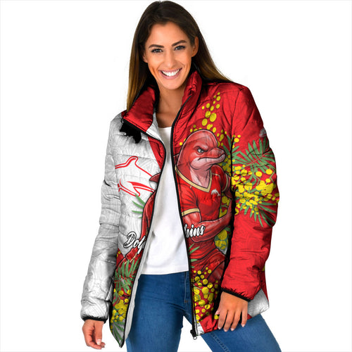 Dolphins Padded Jacket Golden Wattle Floral Polynesian - Australian Flower - Rugby Mascot