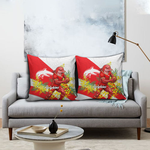 Dolphins Pillow Cover Golden Wattle Floral Polynesian - Australian Flower - Rugby Mascot
