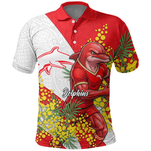Dolphins Polo Shirt Golden Wattle Floral Polynesian - Australian Flower - Rugby Mascot