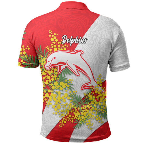 Dolphins Polo Shirt Golden Wattle Floral Polynesian - Australian Flower - Rugby Mascot