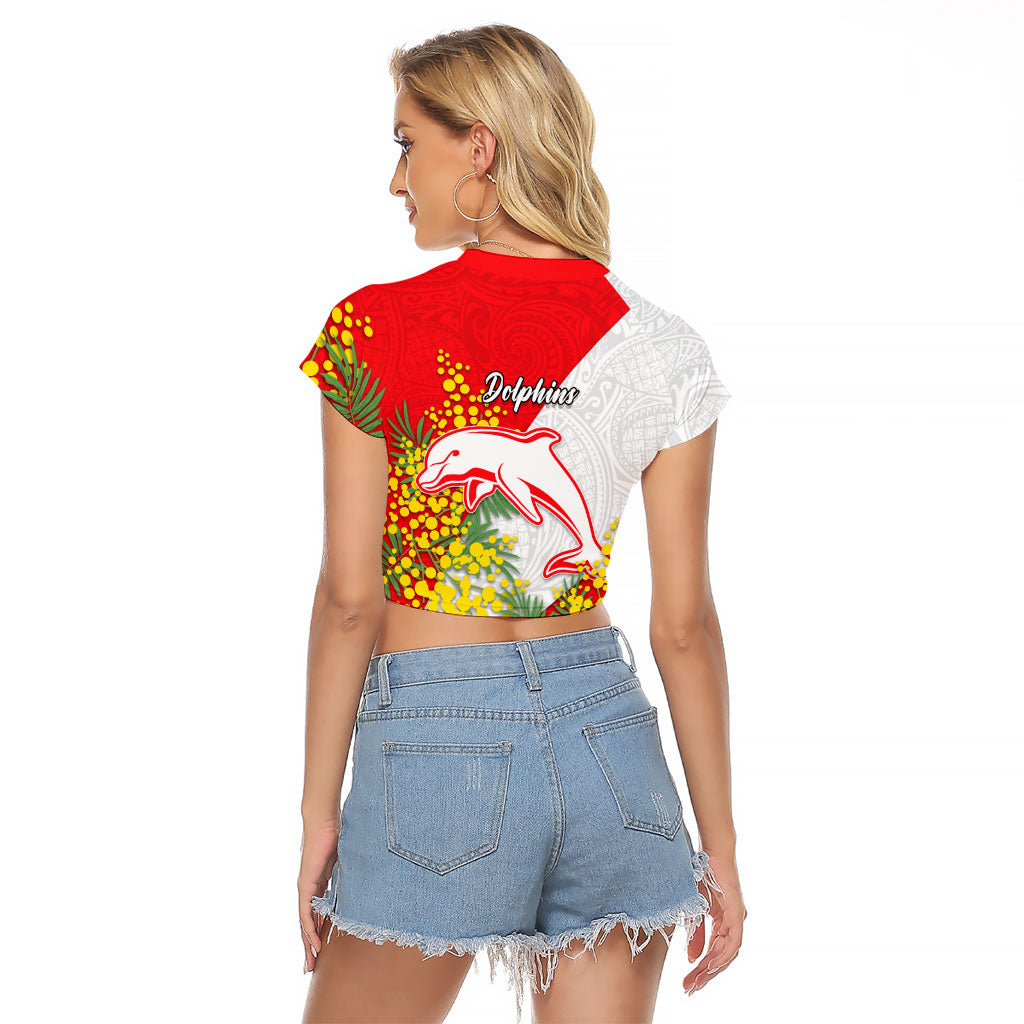 Dolphins Raglan Cropped T Shirt Golden Wattle Floral Polynesian - Australian Flower - Rugby Mascot