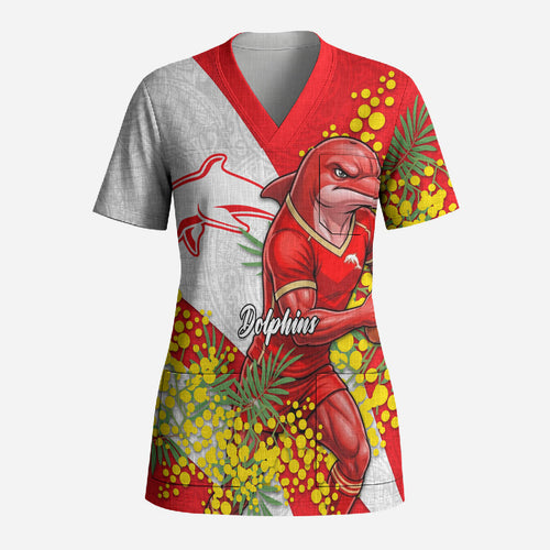Dolphins Scrub Top Golden Wattle Floral Polynesian - Australian Flower - Rugby Mascot