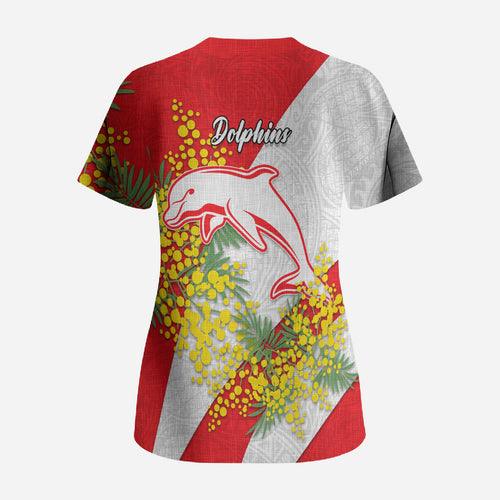 Dolphins Scrub Top Golden Wattle Floral Polynesian - Australian Flower - Rugby Mascot