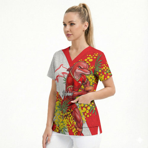 Dolphins Scrub Top Golden Wattle Floral Polynesian - Australian Flower - Rugby Mascot