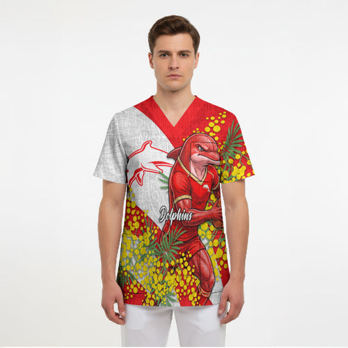 Dolphins Scrub Top Golden Wattle Floral Polynesian - Australian Flower - Rugby Mascot