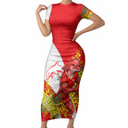 Dolphins Short Sleeve Bodycon Dress Golden Wattle Floral Polynesian - Australian Flower - Rugby Mascot