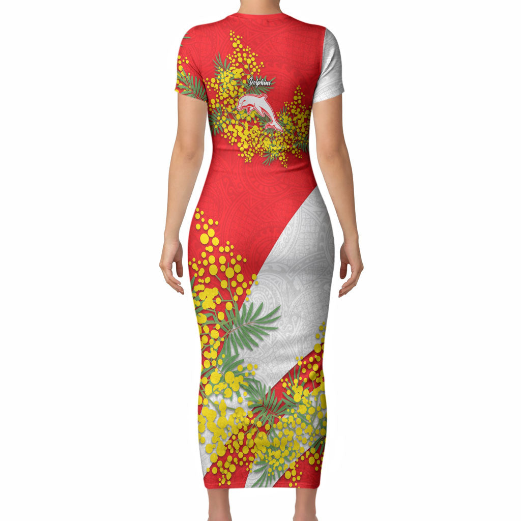 Dolphins Short Sleeve Bodycon Dress Golden Wattle Floral Polynesian - Australian Flower - Rugby Mascot