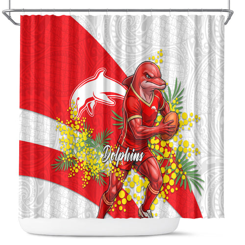 Dolphins Shower Curtain Golden Wattle Floral Polynesian - Australian Flower - Rugby Mascot