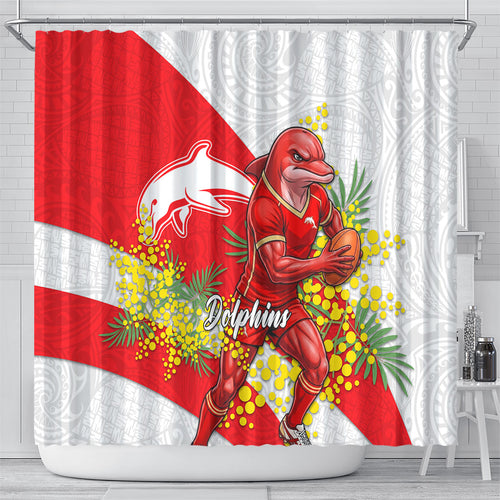 Dolphins Shower Curtain Golden Wattle Floral Polynesian - Australian Flower - Rugby Mascot