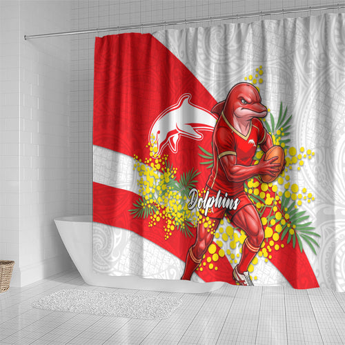Dolphins Shower Curtain Golden Wattle Floral Polynesian - Australian Flower - Rugby Mascot
