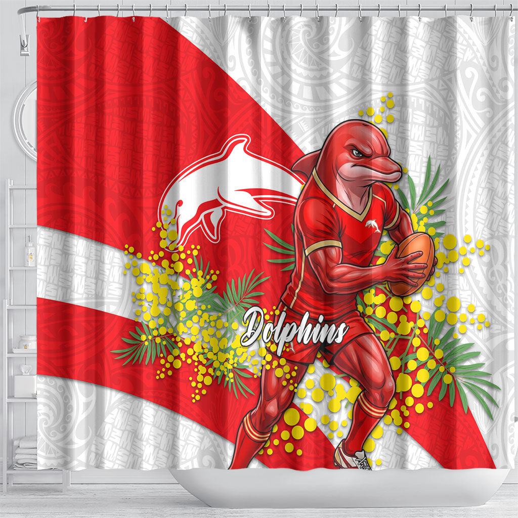 Dolphins Shower Curtain Golden Wattle Floral Polynesian - Australian Flower - Rugby Mascot