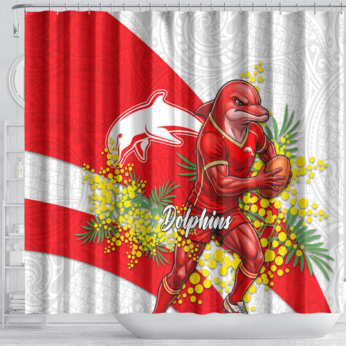 Dolphins Shower Curtain Golden Wattle Floral Polynesian - Australian Flower - Rugby Mascot