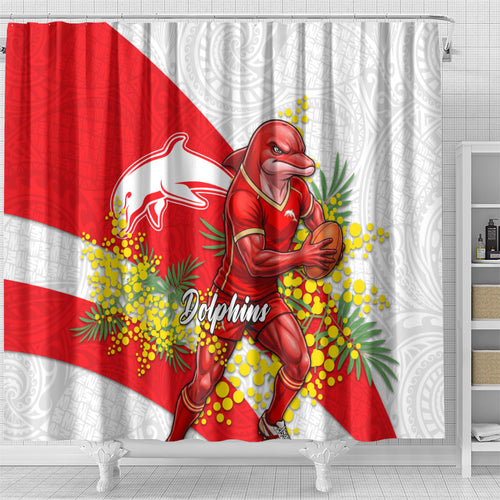 Dolphins Shower Curtain Golden Wattle Floral Polynesian - Australian Flower - Rugby Mascot