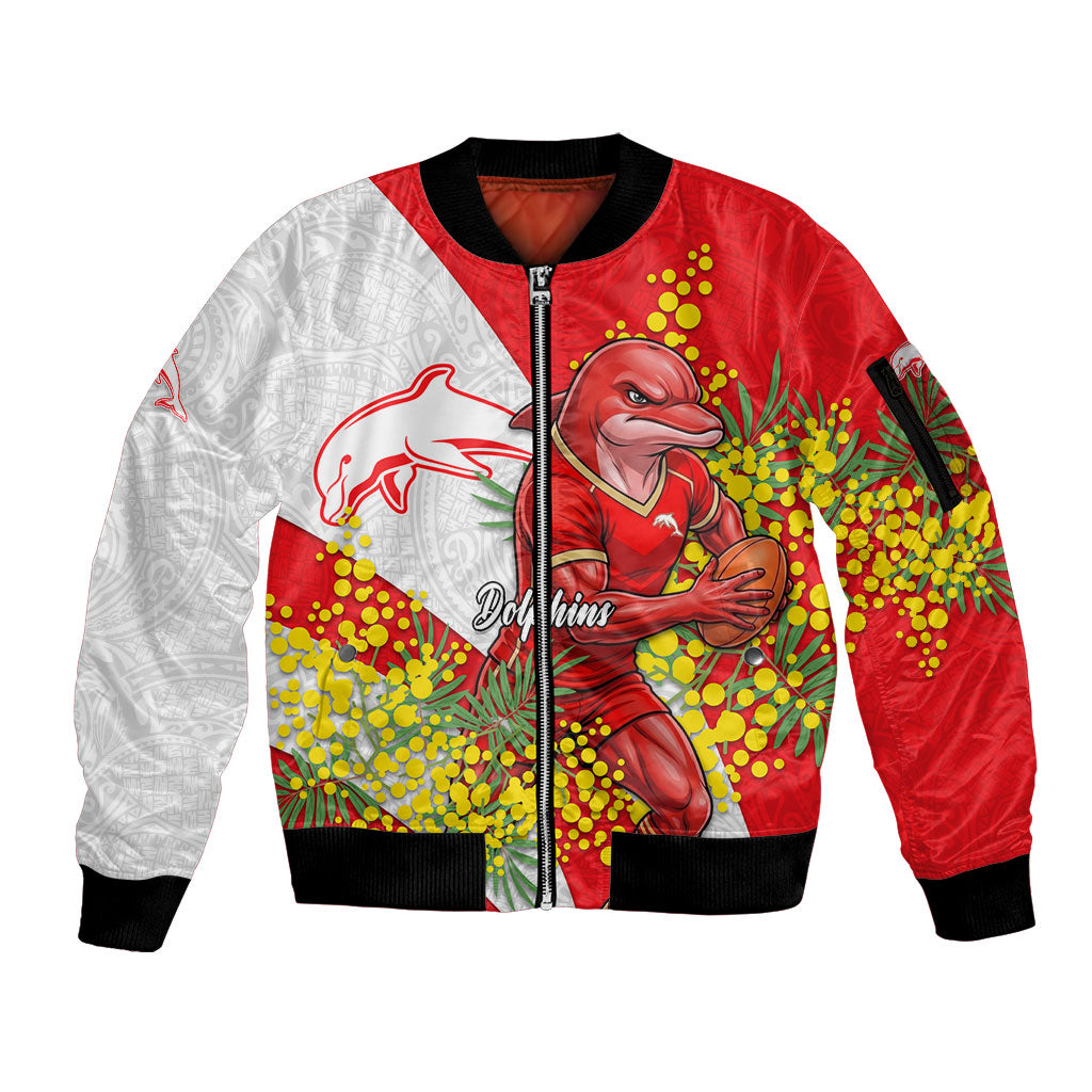 Dolphins Sleeve Zip Bomber Jacket Golden Wattle Floral Polynesian - Australian Flower - Rugby Mascot