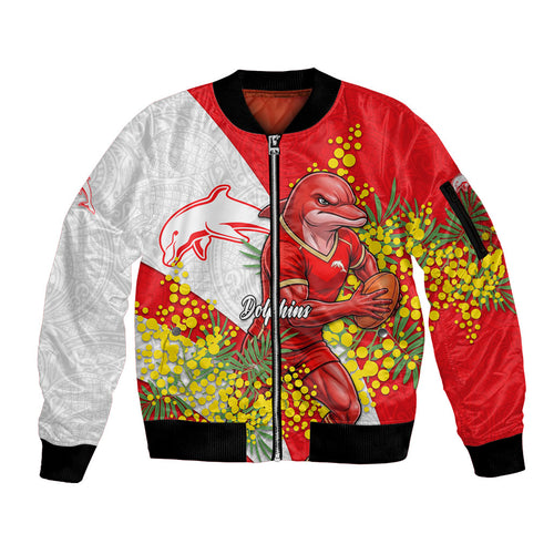 Dolphins Sleeve Zip Bomber Jacket Golden Wattle Floral Polynesian - Australian Flower - Rugby Mascot